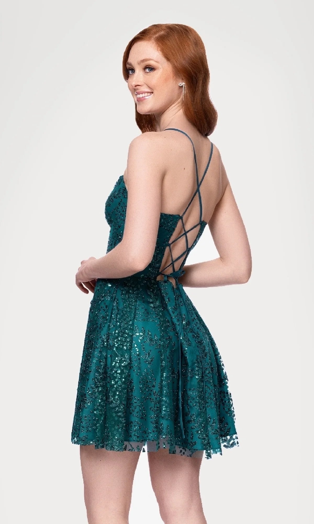 Emerald Green Sequin Lace-Up Back A-Line Mini Evening Dresses