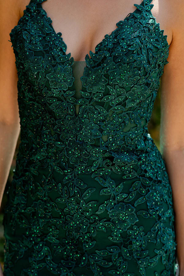 Emerald Green Sequin Lace Spaghetti Strap Mermaid Train Maxi Evening Dresses