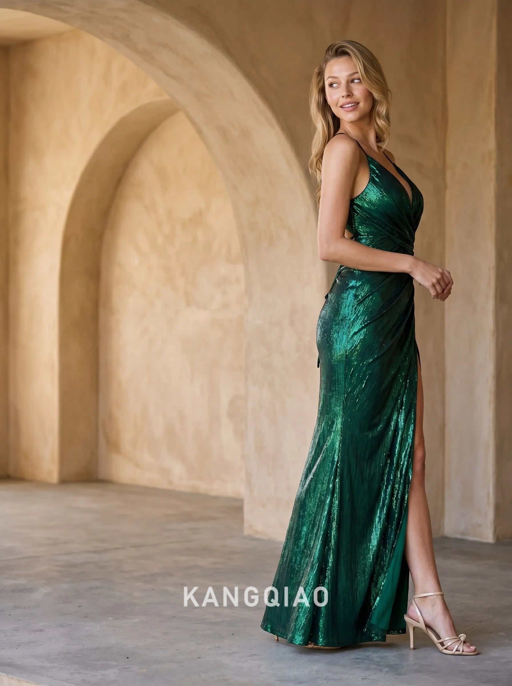 Emerald Green Sequin Mermaid Deep V Neck Sleeveless Tie Open Back High Slit Floor Length Formal Evening Prom Dress
