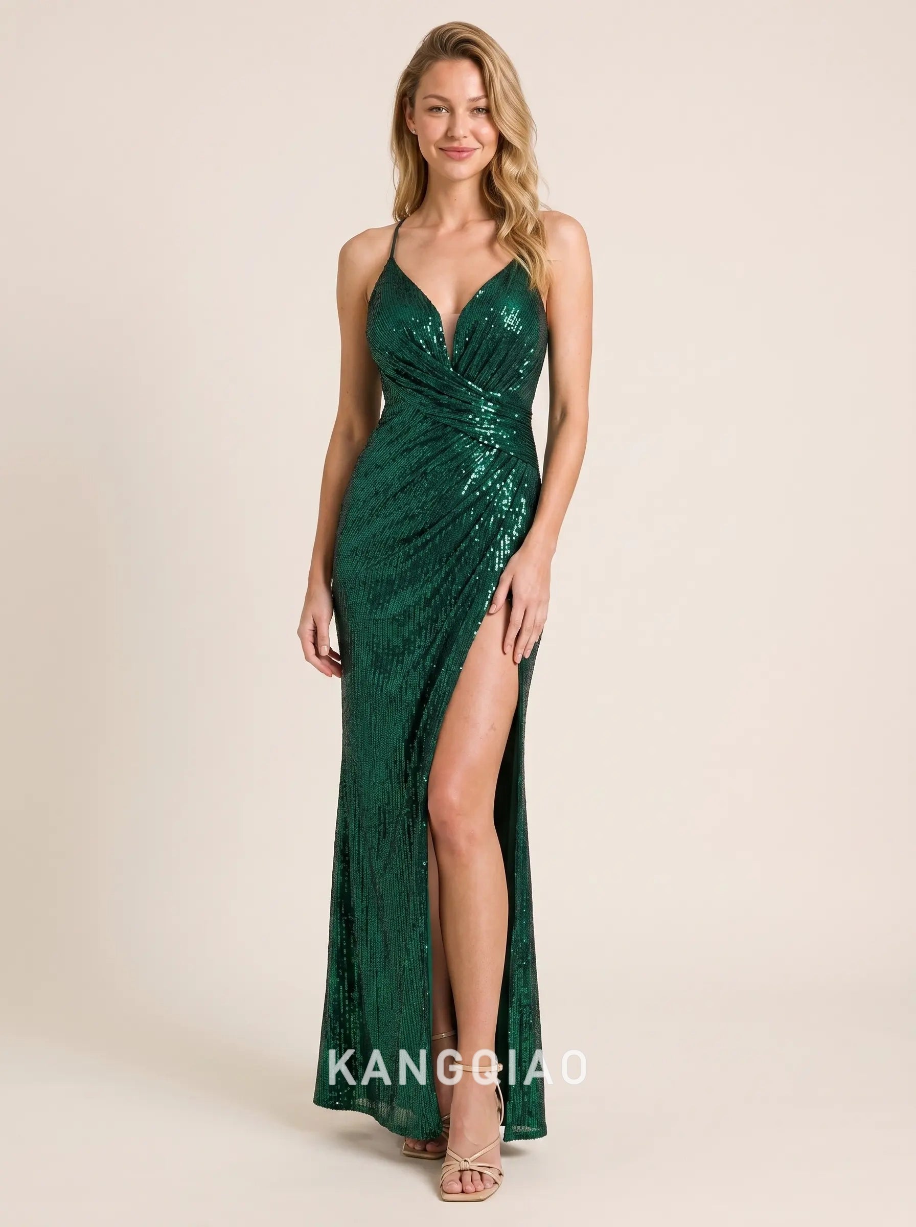 Emerald Green Sequin Mermaid Deep V Neck Sleeveless Tie Open Back High Slit Floor Length Formal Evening Prom Dress