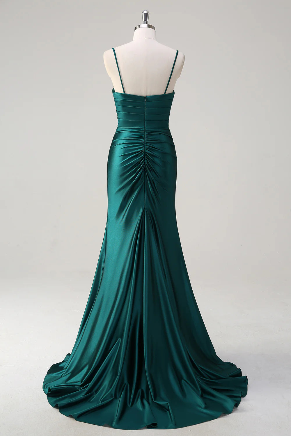 Emerald Green Spaghetti Strap Beaded Satin Mermaid Evening Dresses