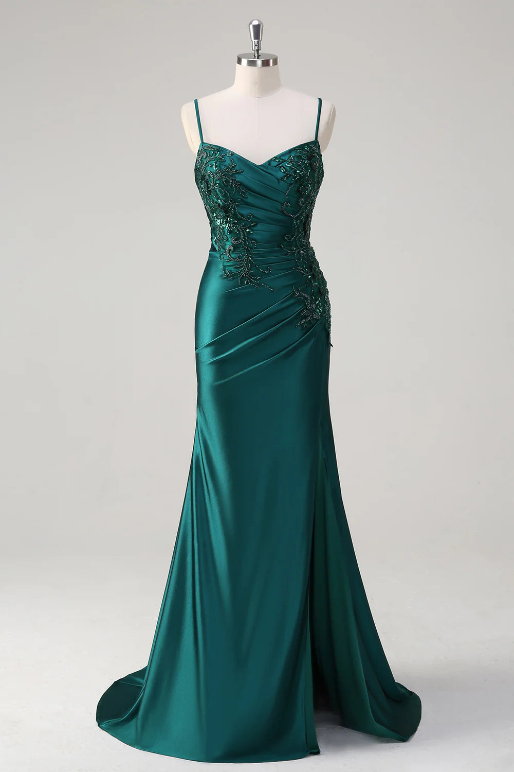Emerald Green Spaghetti Strap Beaded Satin Mermaid Evening Dresses