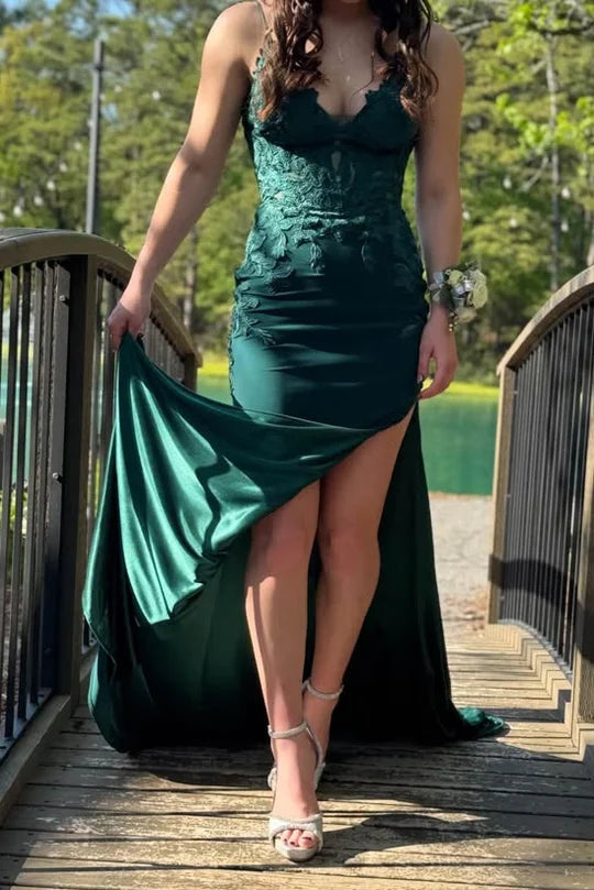 Emerald Green Spaghetti Strap Lace Mermaid Prom Dress with Lace-Up Back and High Slit