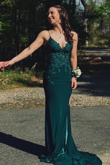 Emerald Green Spaghetti Strap Lace Mermaid Prom Dress with Lace-Up Back and High Slit