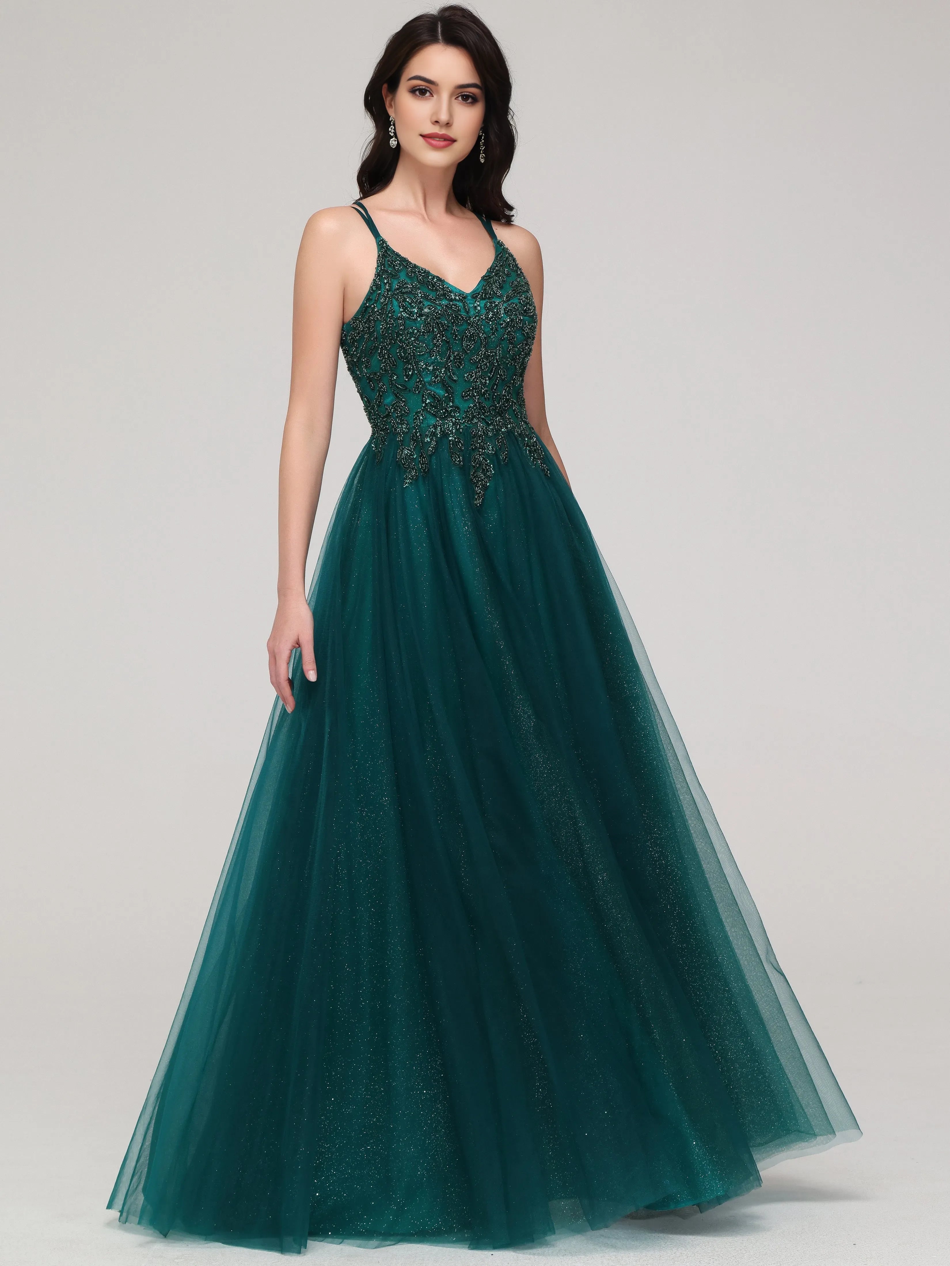 Emerald Green Sparkle A-line Spaghetti Straps Beaded Long Tulle Prom Dress with Embroidered Bodice