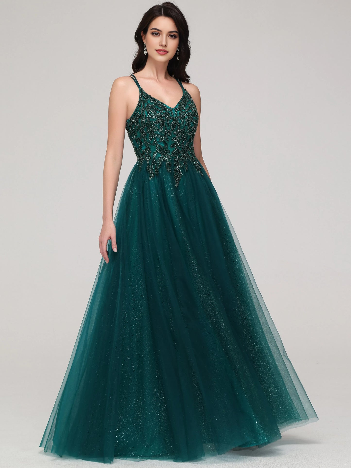 Emerald Green Sparkle A-line Spaghetti Straps Beaded Long Tulle Prom Dress with Embroidered Bodice