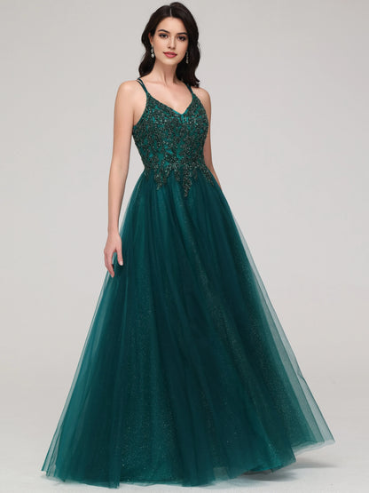 Emerald Green Sparkle A-line Spaghetti Straps Beaded Long Tulle Prom Dress with Embroidered Bodice