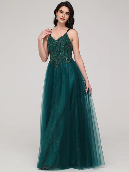Emerald Green Sparkle A-line Spaghetti Straps Beaded Long Tulle Prom Dress with Embroidered Bodice