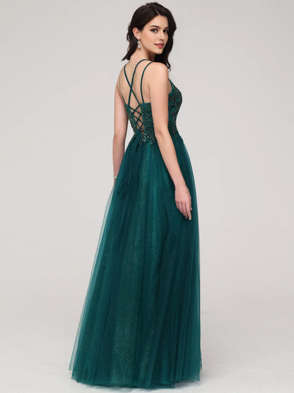 Emerald Green Sparkle A-line Spaghetti Straps Beaded Long Tulle Prom Dress with Embroidered Bodice
