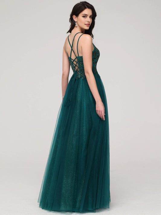 Emerald Green Sparkle A-line Spaghetti Straps Beaded Long Tulle Prom Dress with Embroidered Bodice