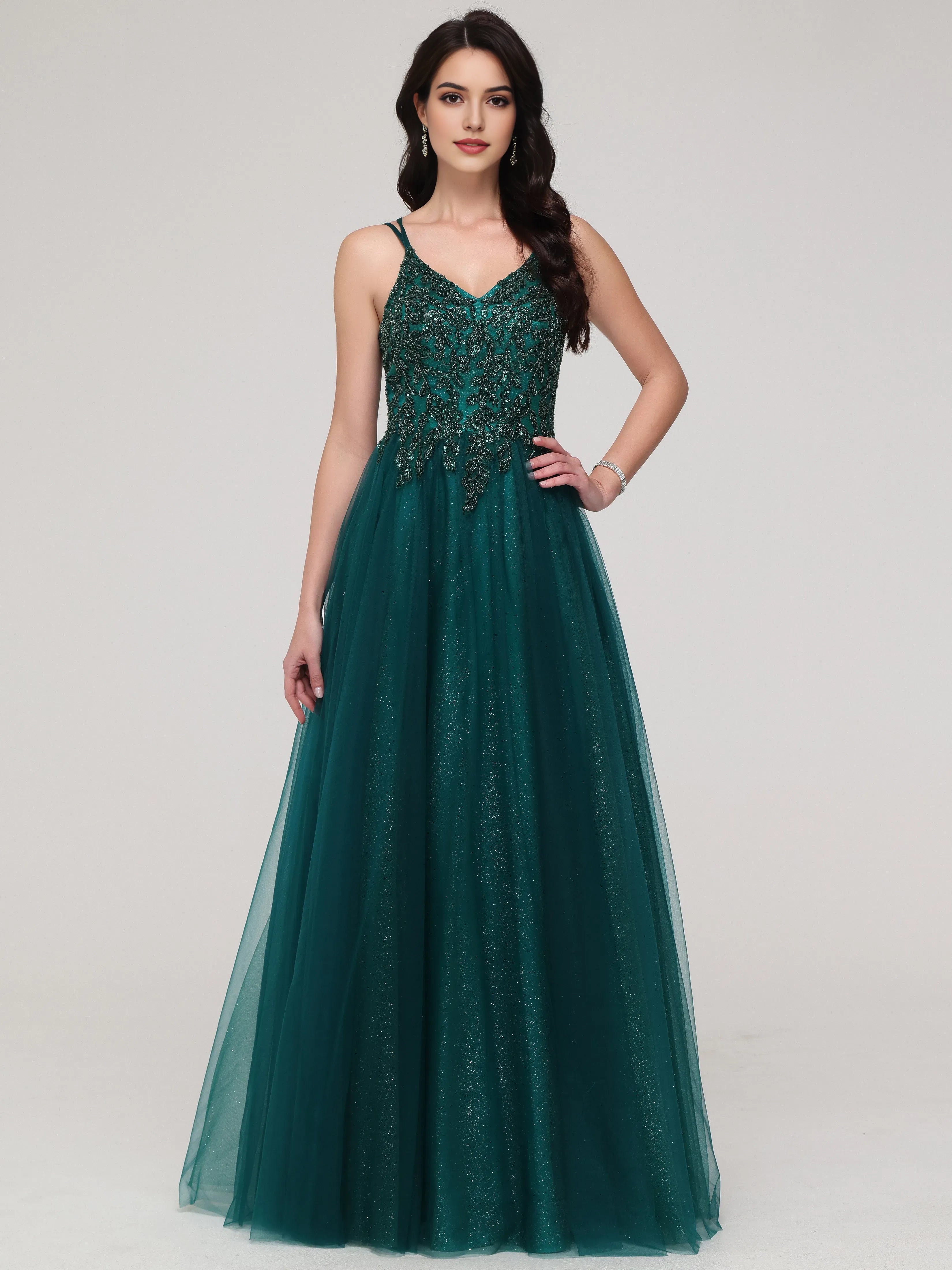 Emerald Green Sparkle A-line Spaghetti Straps Beaded Long Tulle Prom Dress with Embroidered Bodice