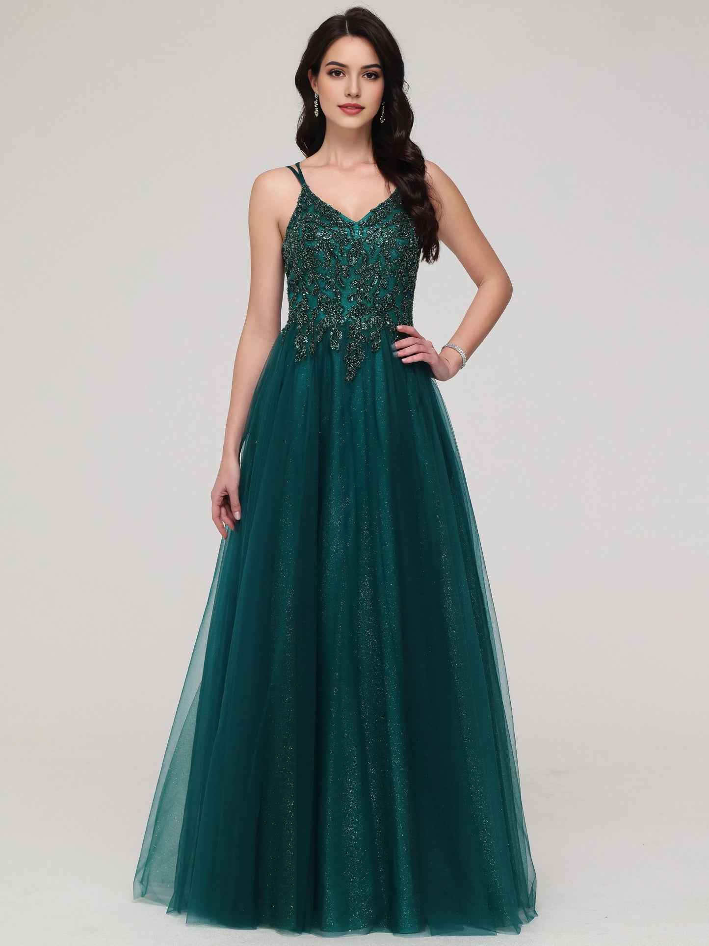 Emerald Green Sparkle A-line Spaghetti Straps Beaded Long Tulle Prom Dress with Embroidered Bodice