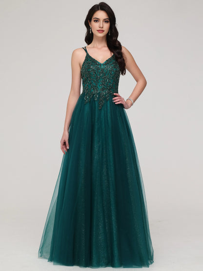 Emerald Green Sparkle A-line Spaghetti Straps Beaded Long Tulle Prom Dress with Embroidered Bodice