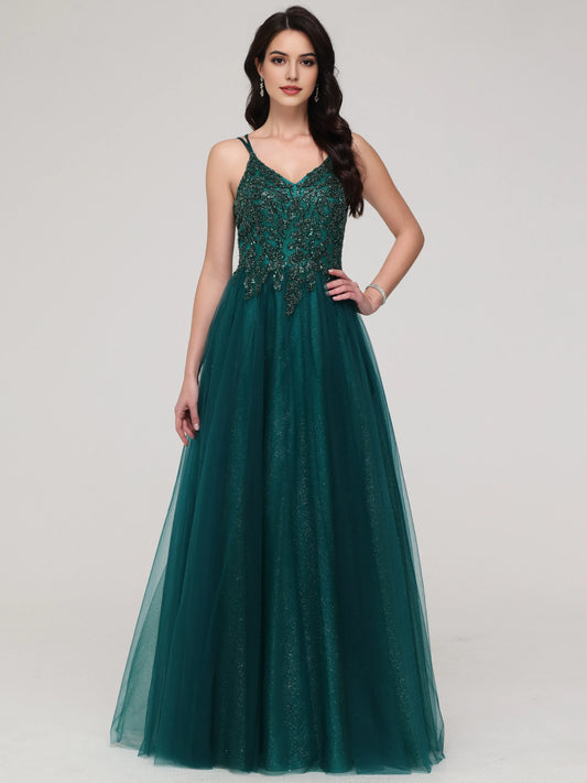 Emerald Green Sparkle A-line Spaghetti Straps Beaded Long Tulle Prom Dress with Embroidered Bodice