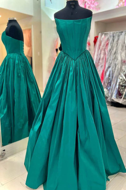 Emerald Green Strapless Lace-Up Back A-Line Prom Dress