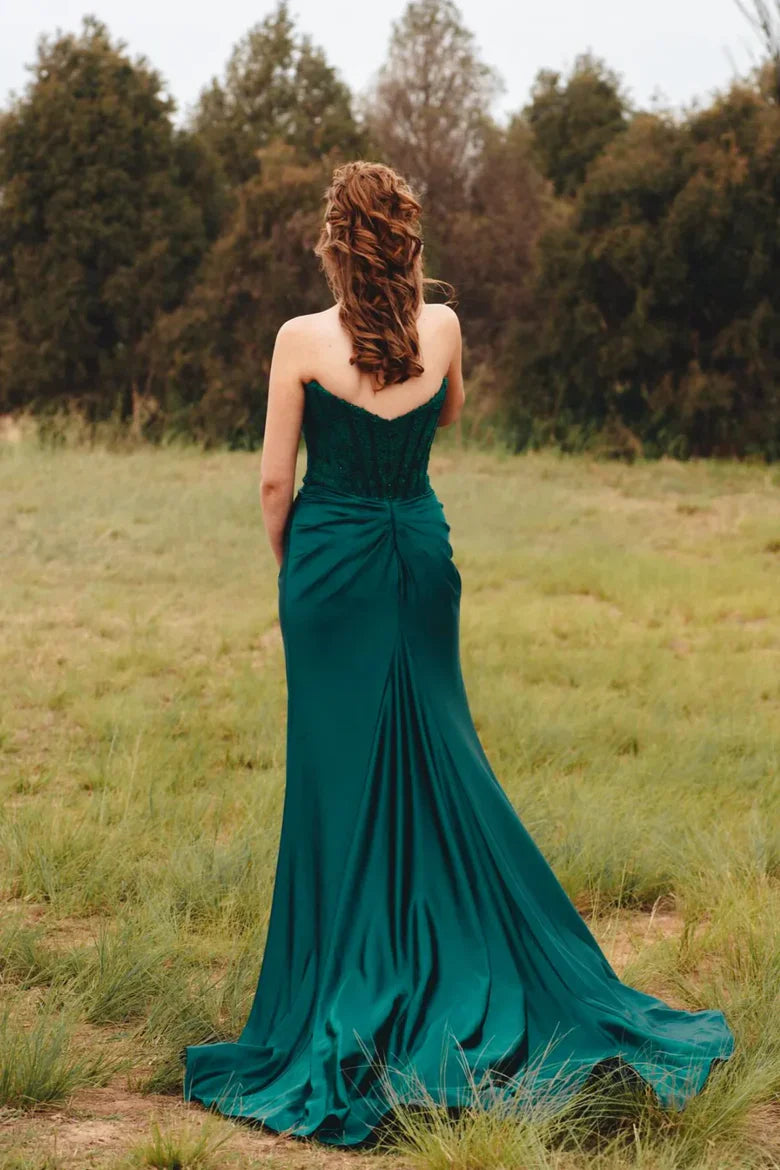 Emerald Green Strapless Lace Corset Mermaid Maxi Dress with Side Slit & Train