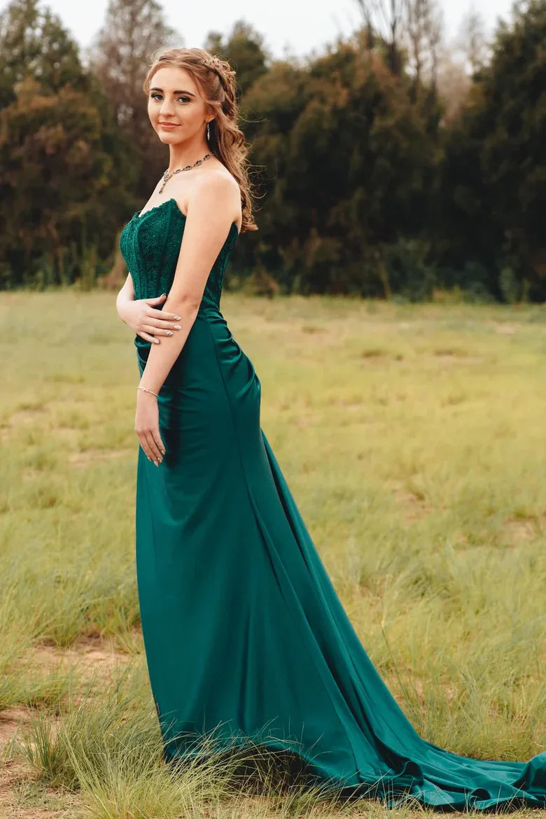 Emerald Green Strapless Lace Corset Mermaid Maxi Dress with Side Slit & Train