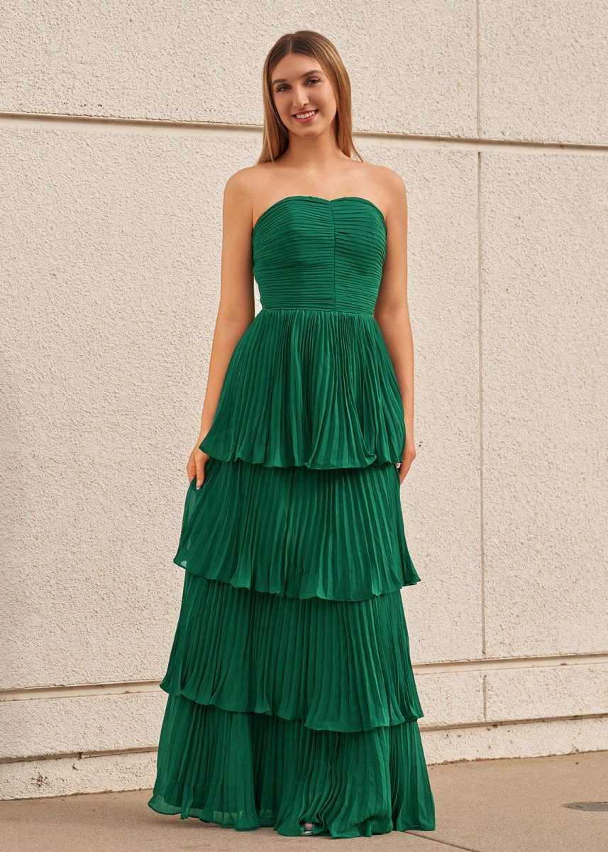 Emerald Green Strapless Pleated Tiered Ruffle Lace Up Back Maxi Evening Dresses