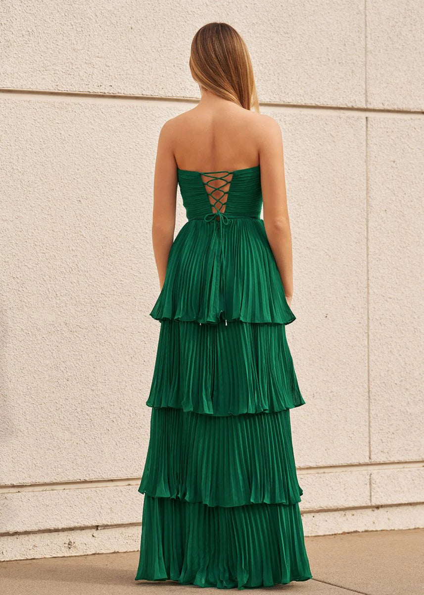 Emerald Green Strapless Pleated Tiered Ruffle Lace Up Back Maxi Evening Dresses