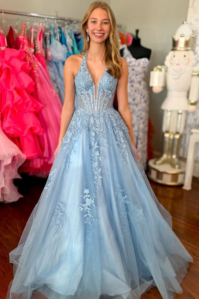 Enchanting A-Line V-Neck Halter Sleeveless Lace-Up-Back Floor-Length Pleated Appliques Tulle Prom Dresses