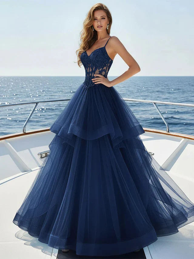 Enchanting Ball-Gown Sweetheart Spaghetti-Strap Lace-Back Floor-Length Prom Dresses