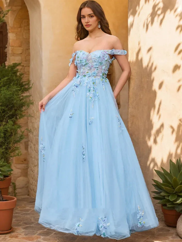 Enchanting Ballgown Off-the-Shoulder Short Sleeves Back Zip Floor-Length Prom Dresses with Lace Applique