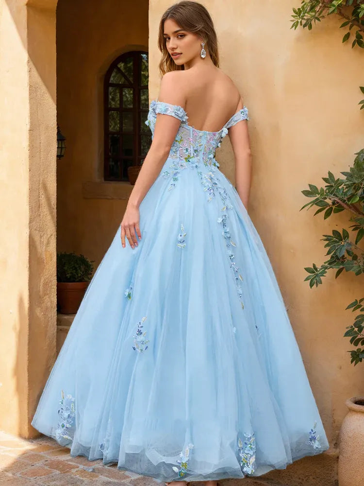 Enchanting Ballgown Off-the-Shoulder Short Sleeves Back Zip Floor-Length Prom Dresses with Lace Applique
