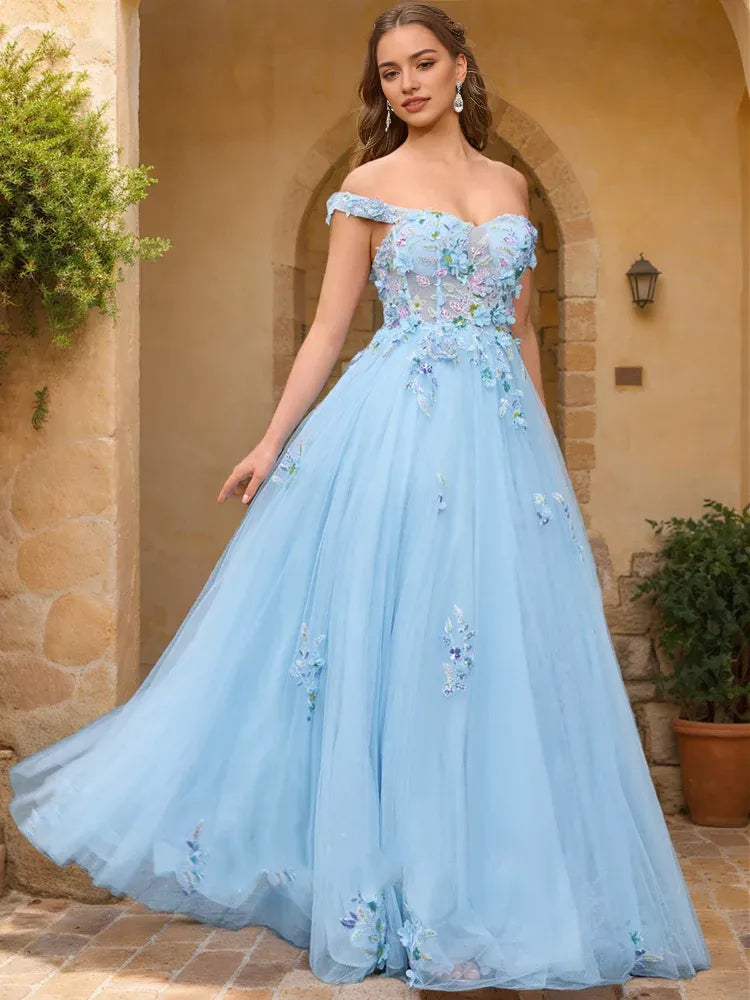 Enchanting Ballgown Off-the-Shoulder Short Sleeves Back Zip Floor-Length Prom Dresses with Lace Applique