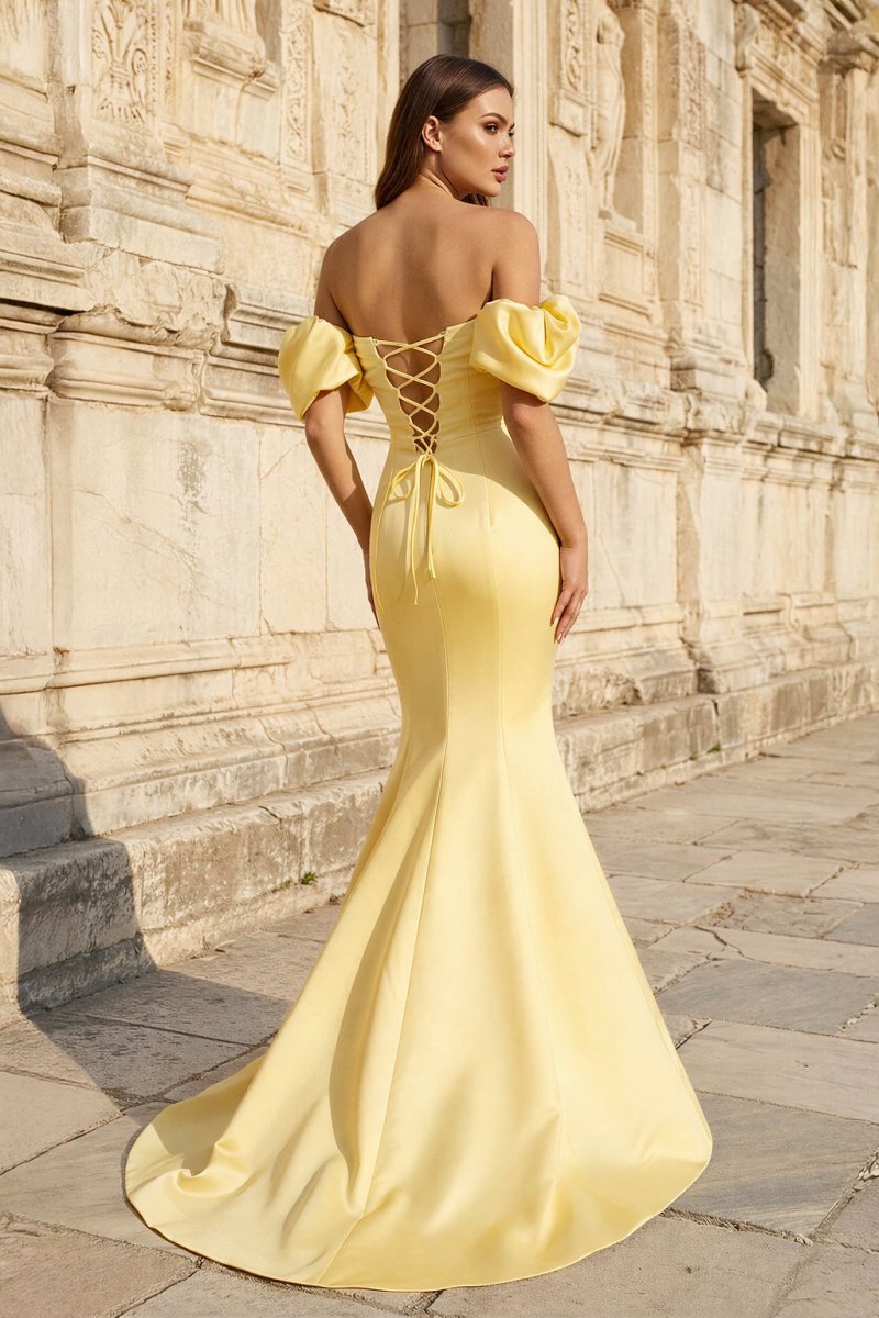 Enchanting Daffodil Yellow Satin Mermaid Gown with Off-the-Shoulder Puff Sleeves, Lace-Up Corset Back, Detachable Train and Romantic Vintage Silhouette
