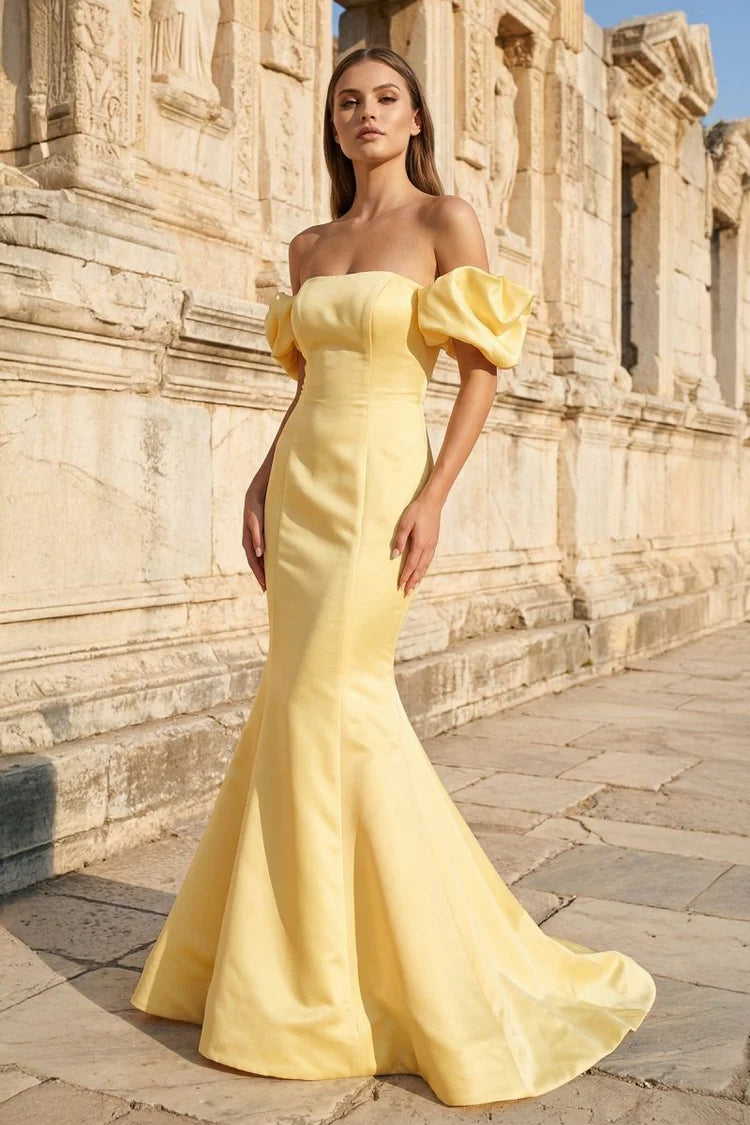 Enchanting Daffodil Yellow Satin Mermaid Gown with Off-the-Shoulder Puff Sleeves, Lace-Up Corset Back, Detachable Train and Romantic Vintage Silhouette