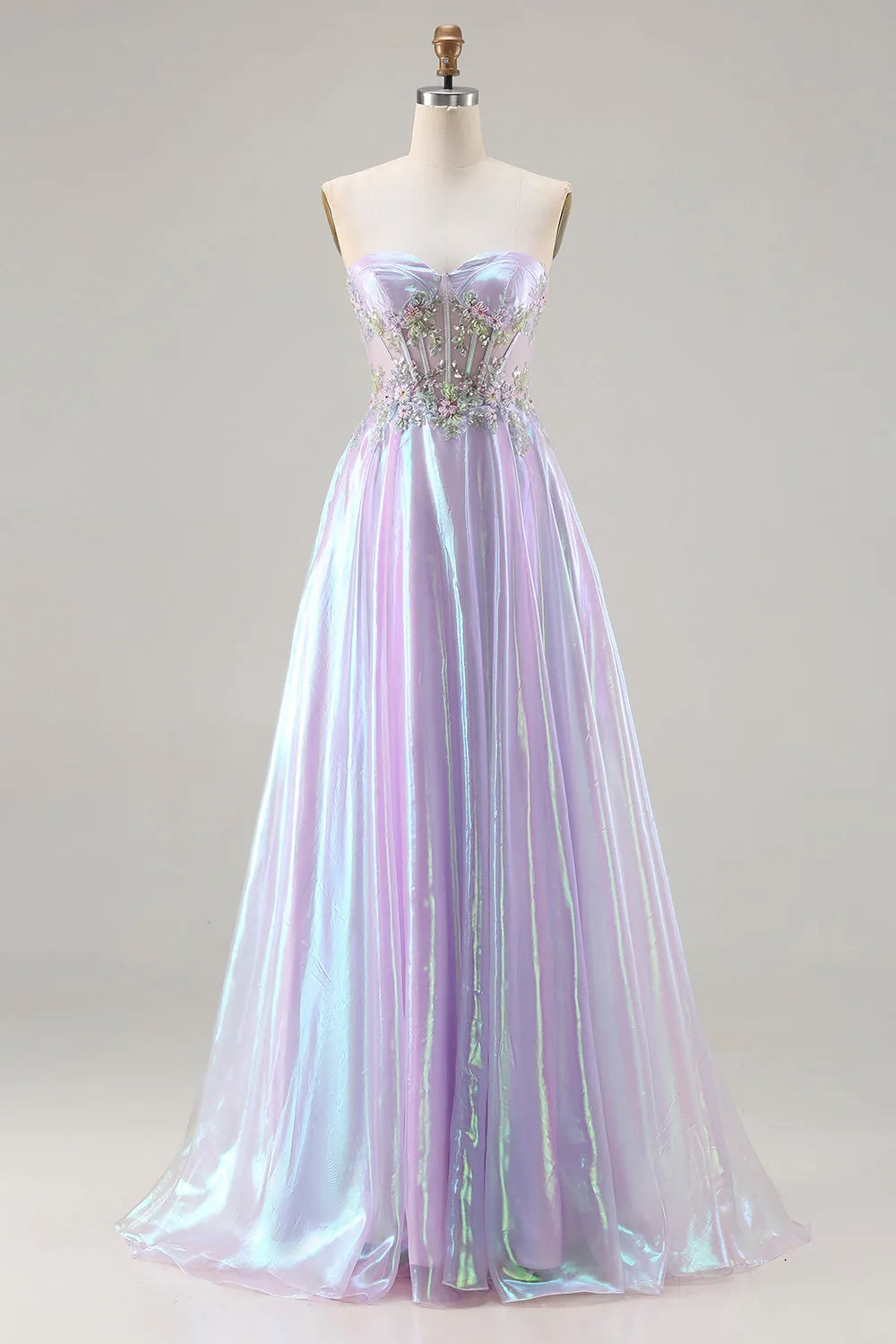 Enchanting Purple A Line Sweetheart Strapless Lace-Up-Back Floor-Length Prom Dress with Appliques