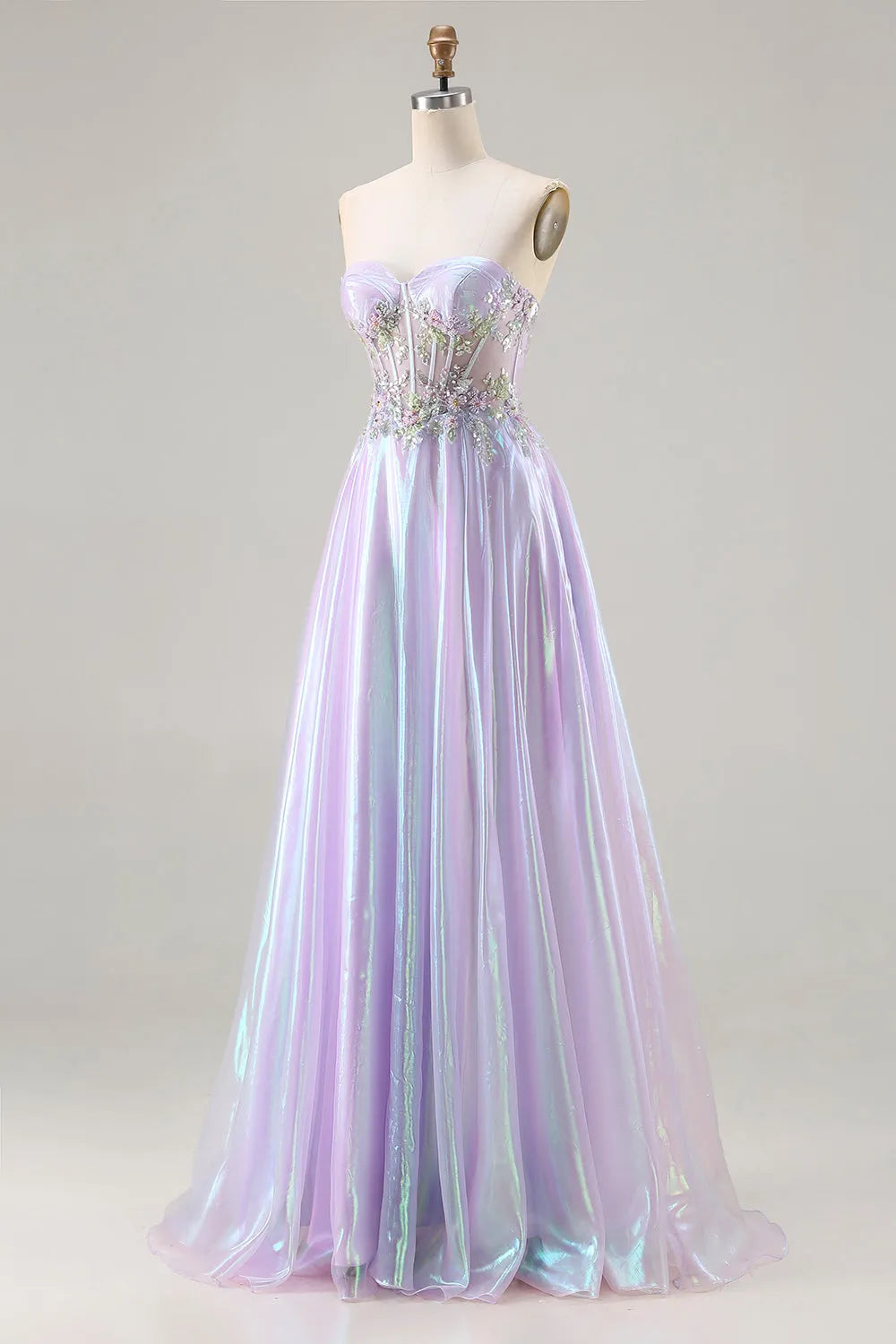 Enchanting Purple A Line Sweetheart Strapless Lace-Up-Back Floor-Length Prom Dress with Appliques
