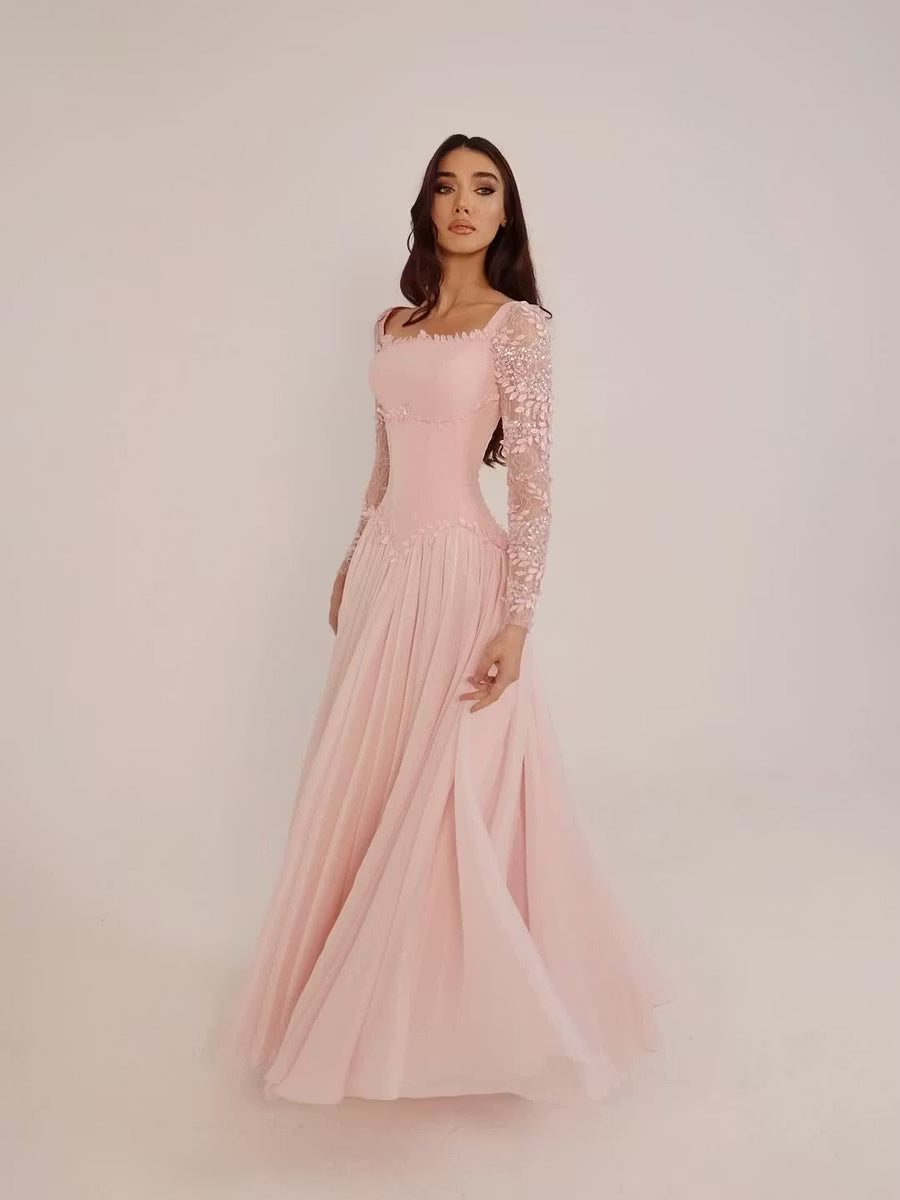 Enchanting A-Line Square Neck Long Sleeve Embroidered Blush Pink Floor-Length Prom Gown