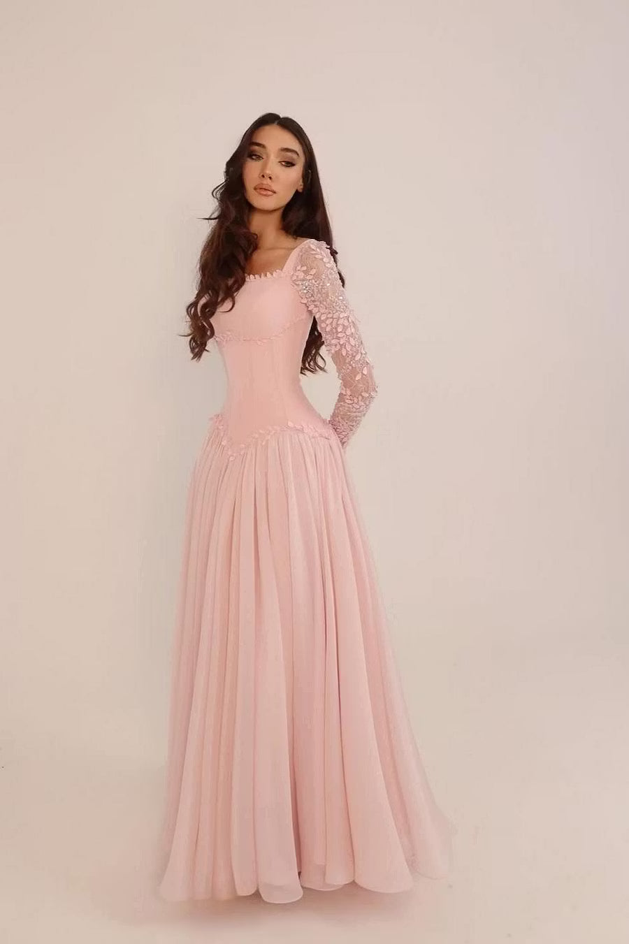 Enchanting A-Line Square Neck Long Sleeve Embroidered Blush Pink Floor-Length Prom Gown