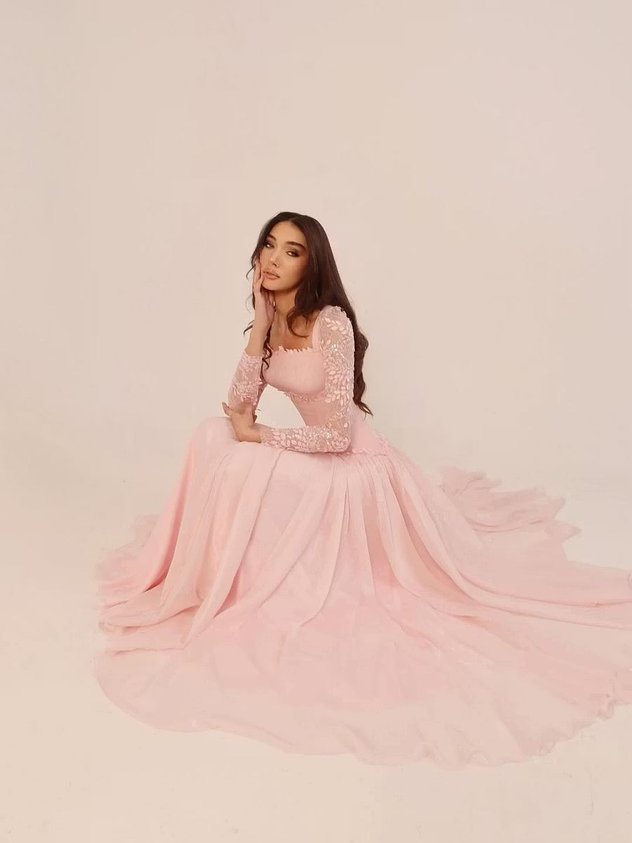Enchanting A-Line Square Neck Long Sleeve Embroidered Blush Pink Floor-Length Prom Gown