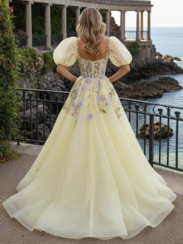 Enchanting A-Line Sweetheart Puffy Sleeves Floral Pastel Yellow Floor-Length Prom Gown