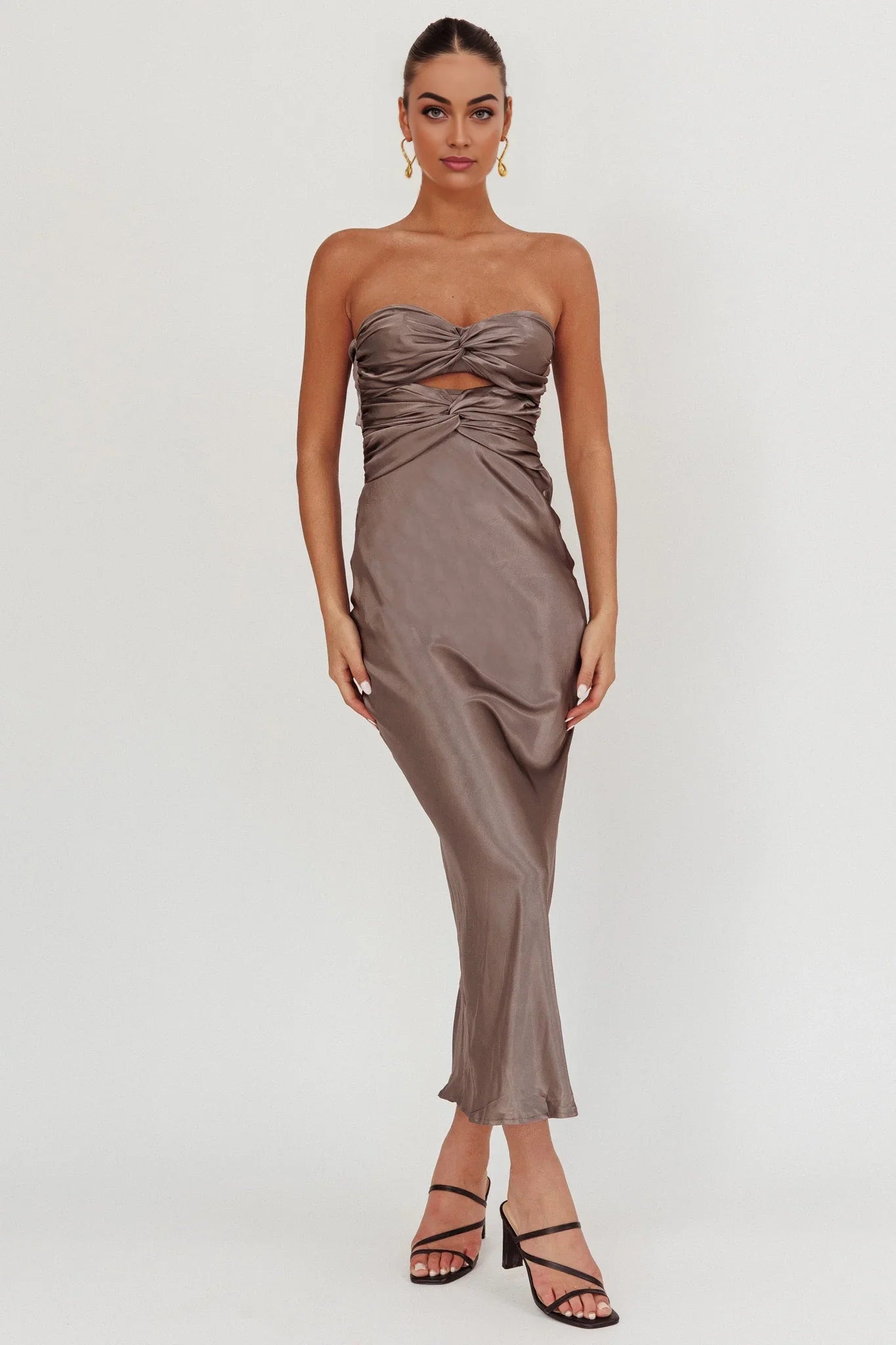 Enchanting double twisted mid length strapless tight corset with back tie bridesmaid dress