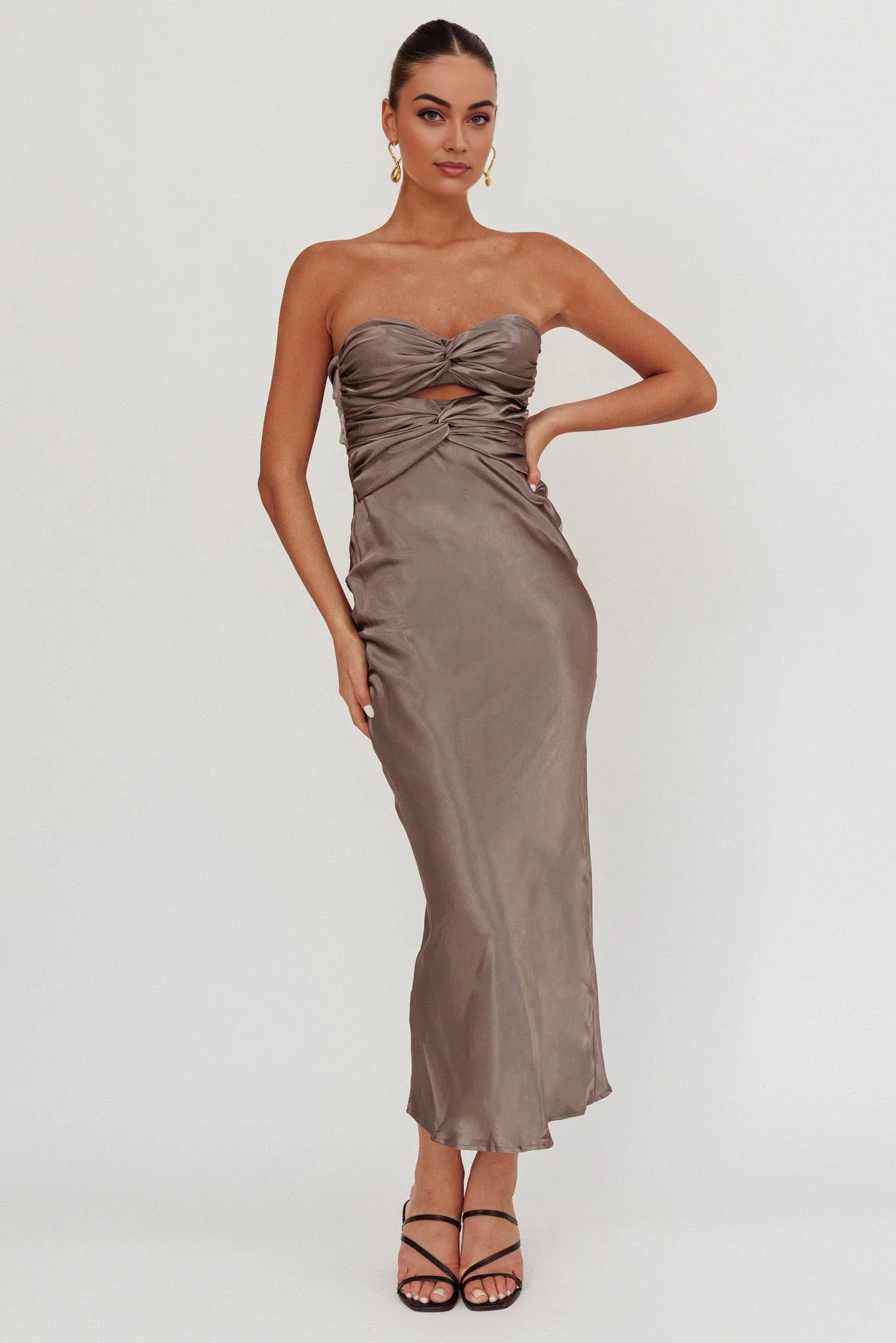 Enchanting double twisted mid length strapless tight corset with back tie bridesmaid dress