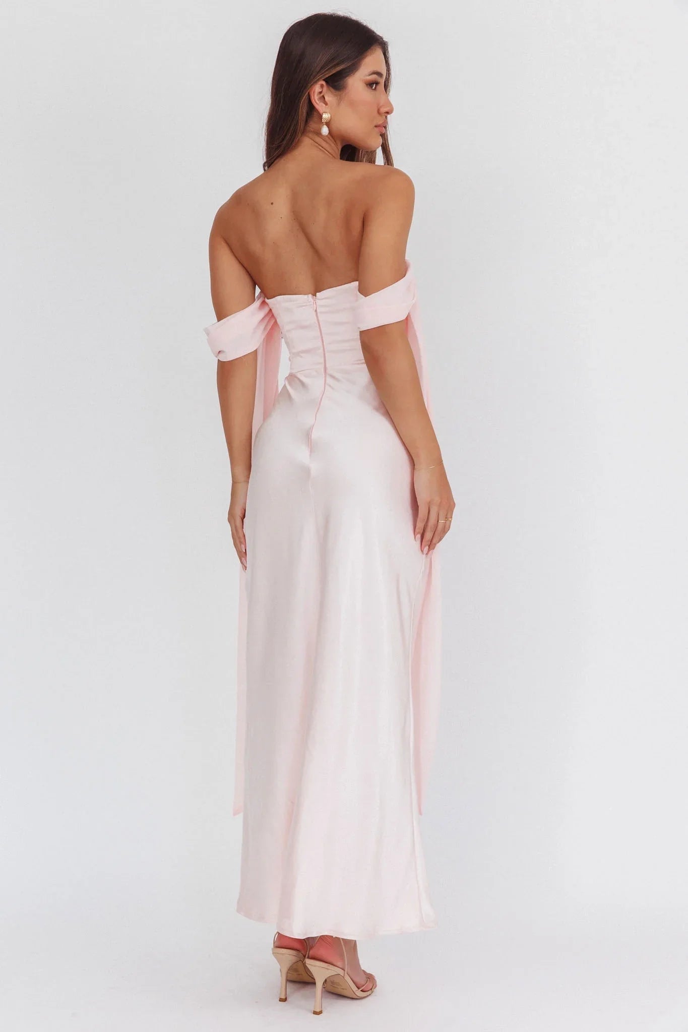 Enchanting drooping sleeves and extra long off shoulder design create stunning bridesmaid dresses