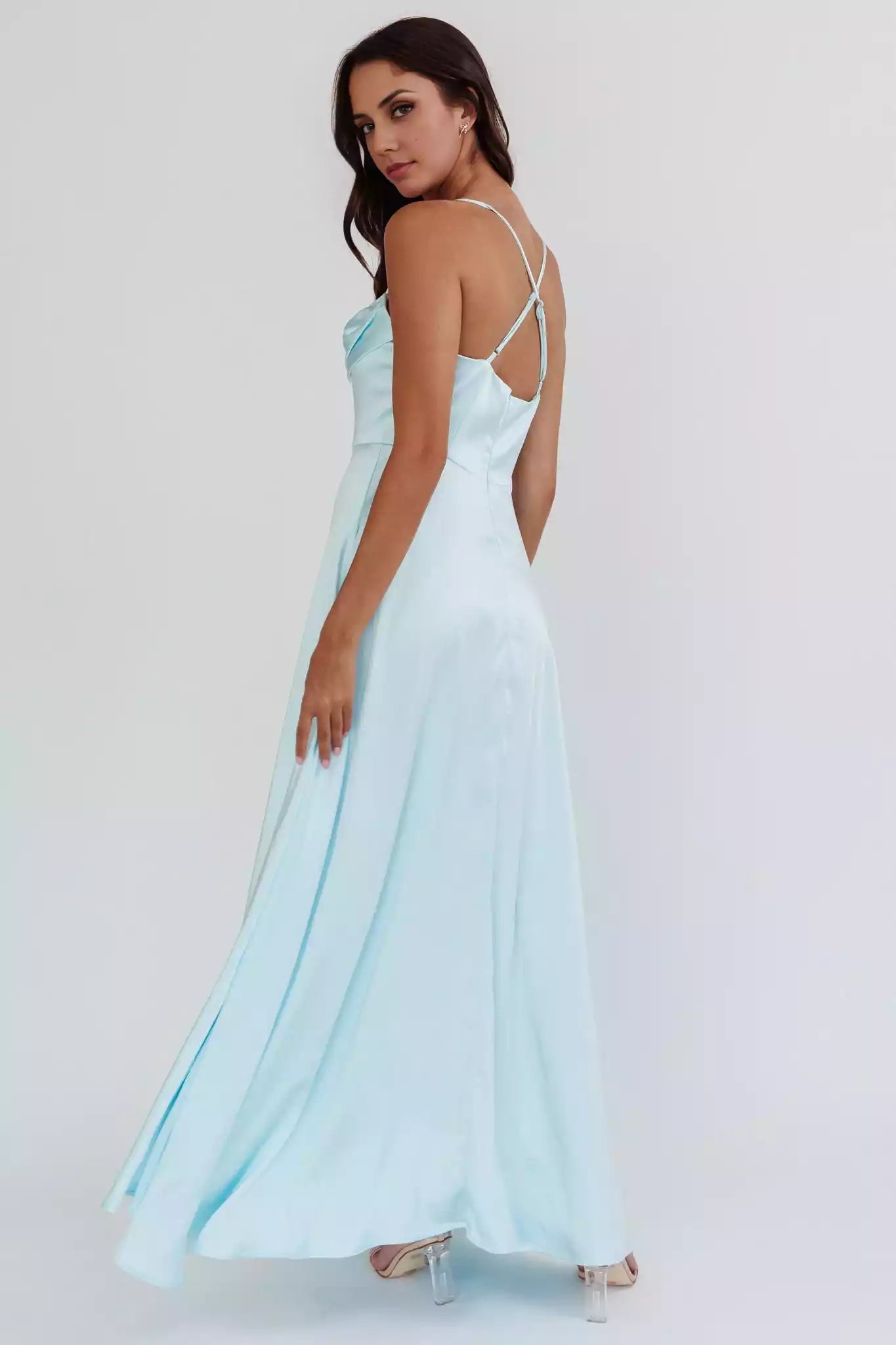 Enchanting satin long high slit adjustable shoulder strap without lining invisible zipper Bridesmaid Dresses