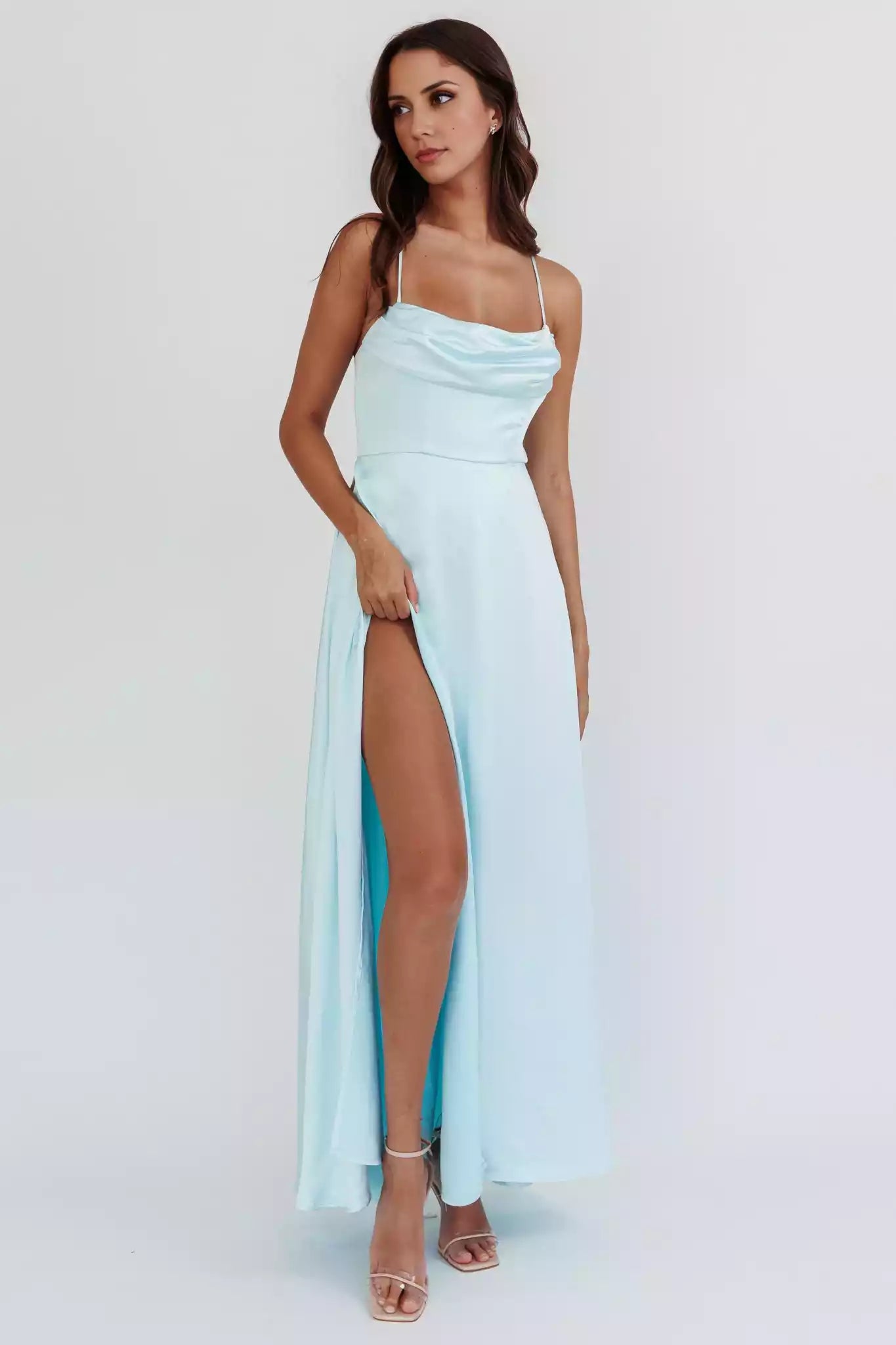 Enchanting satin long high slit adjustable shoulder strap without lining invisible zipper Bridesmaid Dresses