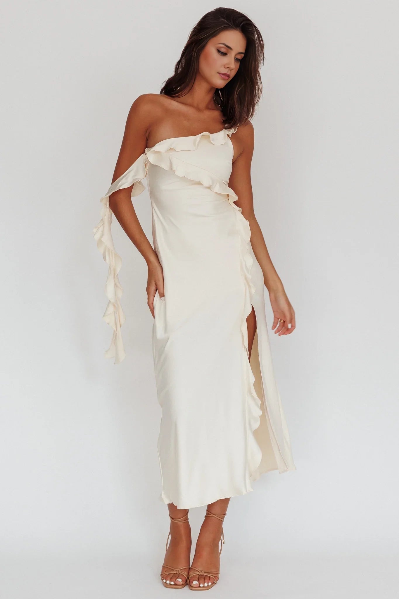 Enchanting satin medium length ruffle detail with a shoulder strap, off shoulder sleeves, and ruffled bridesmaid dress