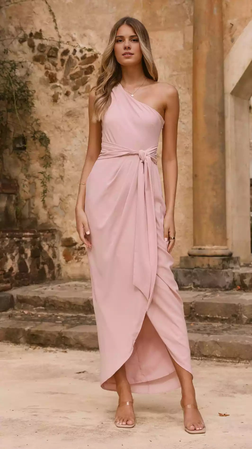 Enchanting single shoulder front pleat detail, invisible side zipper, fully lined front slit, Prom Dresses