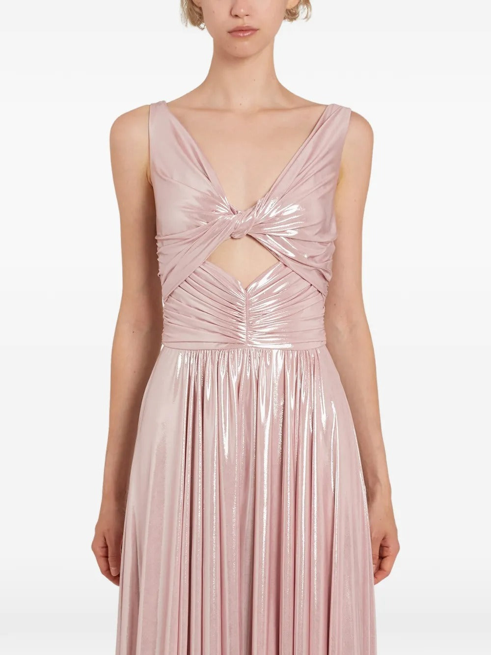 Ethereal Blush Metallic Twist-Front Cutout Evening Dress