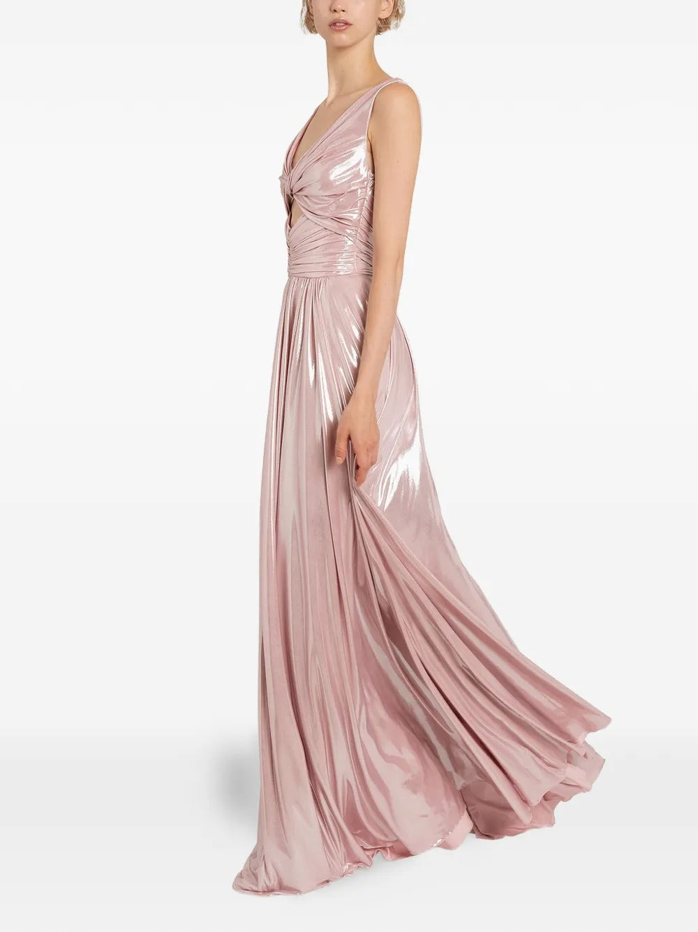 Ethereal Blush Metallic Twist-Front Cutout Evening Dress
