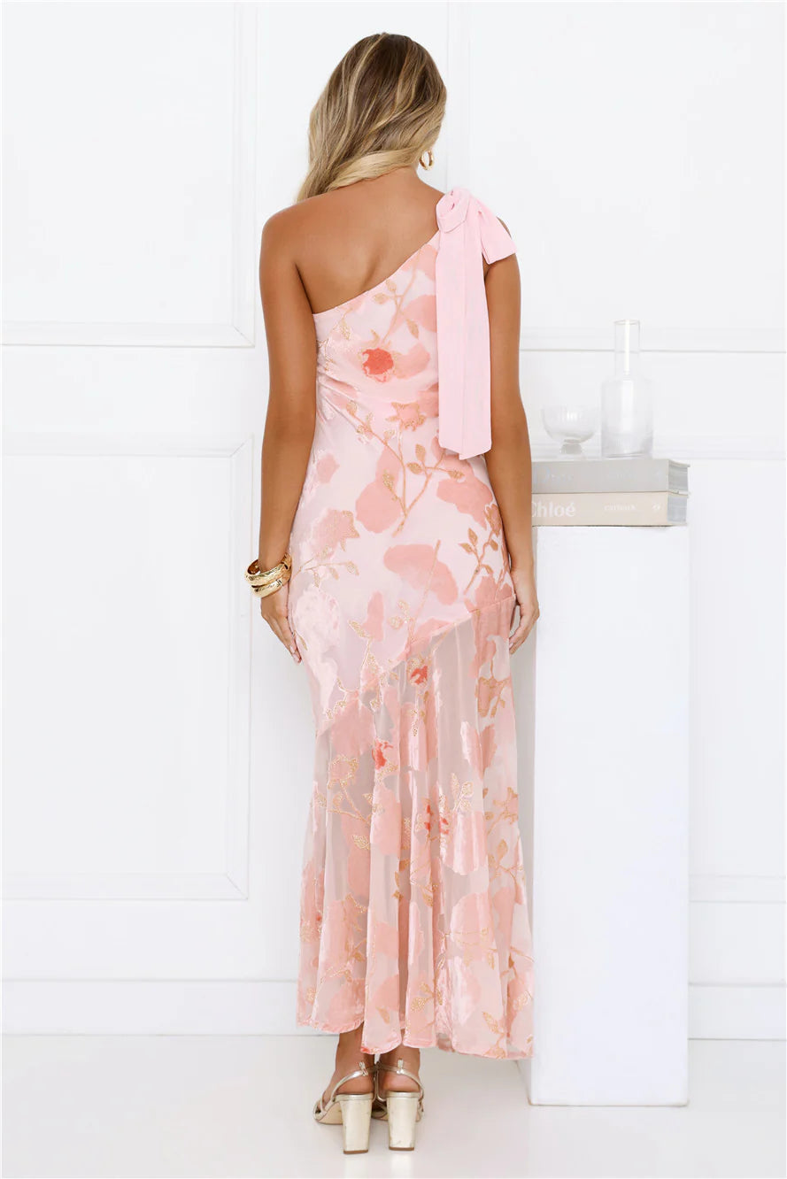 Ethereal Blush Pink Floral Burnout One-Shoulder Maxi Dress with Bow Tie Detail, Sheer Mesh Mermaid Skirt and Gold Lurex Accents