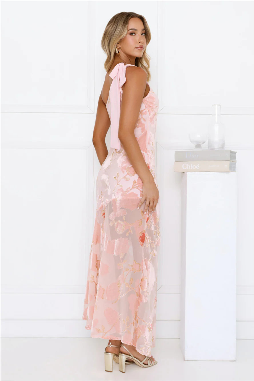 Ethereal Blush Pink Floral Burnout One-Shoulder Maxi Dress with Bow Tie Detail, Sheer Mesh Mermaid Skirt and Gold Lurex Accents