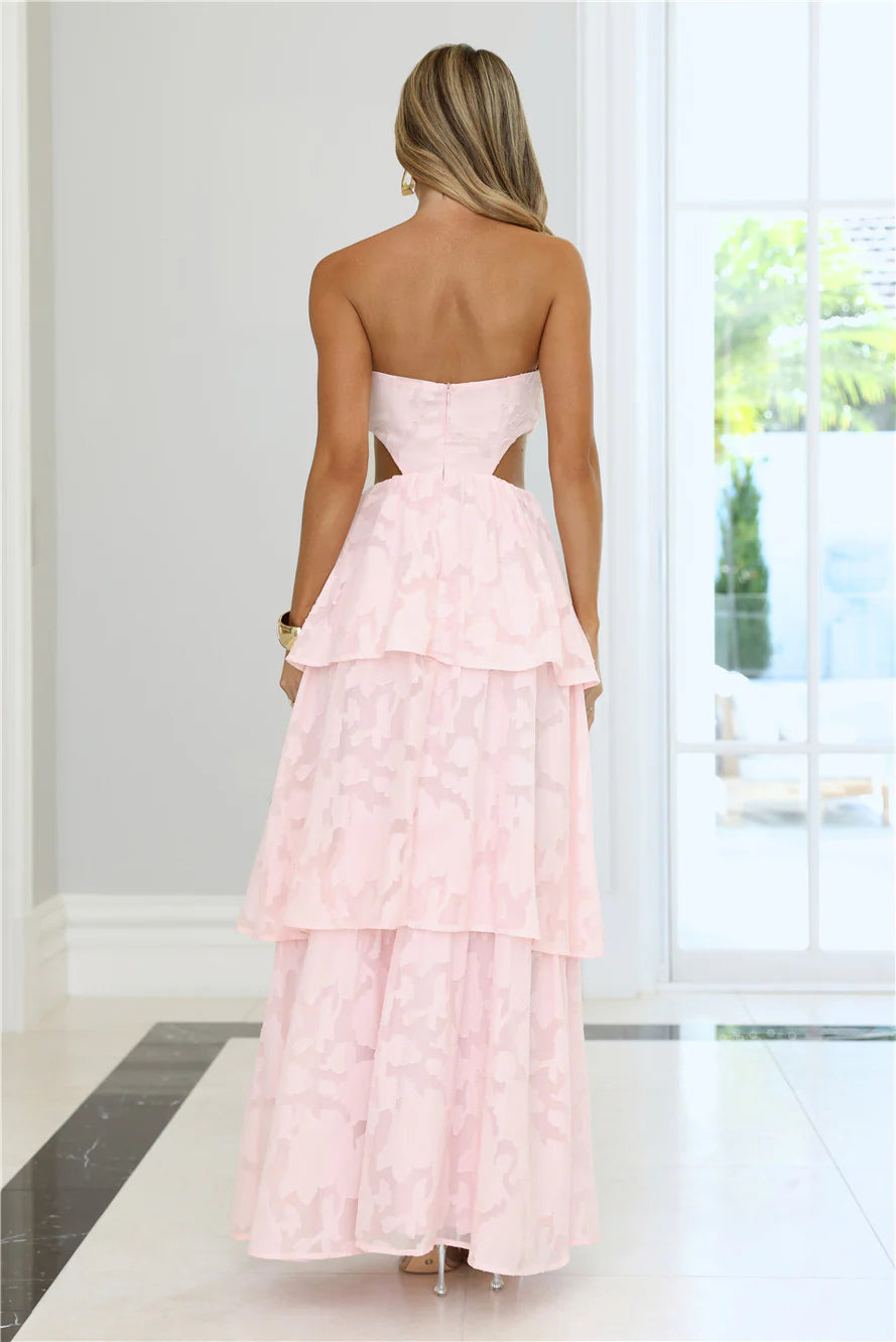 Ethereal Blush Pink Floral Burnout Strapless Maxi Dress with Sweetheart Neckline, Side Waist Cutout, Tiered Layered Ruffle Skirt, Open Back Zipper Closure and Sheer Textured Fabric