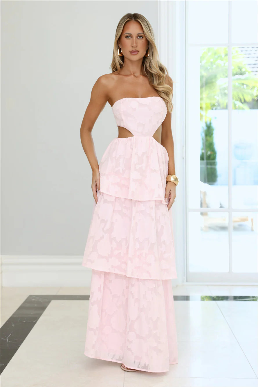 Ethereal Blush Pink Floral Burnout Strapless Maxi Dress with Sweetheart Neckline, Side Waist Cutout, Tiered Layered Ruffle Skirt, Open Back Zipper Closure and Sheer Textured Fabric