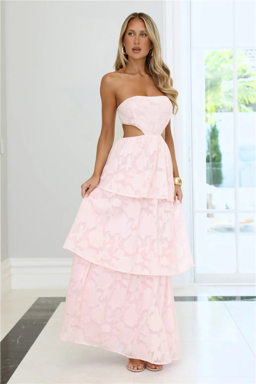 Ethereal Blush Pink Floral Burnout Strapless Maxi Dress with Sweetheart Neckline, Side Waist Cutout, Tiered Layered Ruffle Skirt, Open Back Zipper Closure and Sheer Textured Fabric